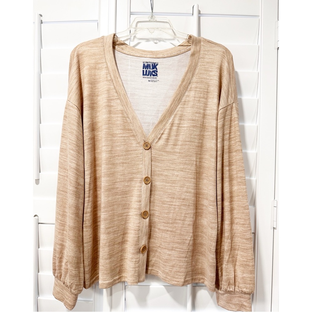 Muk Luks Super Soft Button-Front Cardigan Top Women’s Medium Heathered Tan
